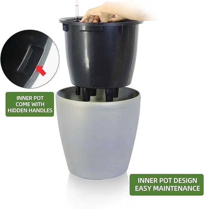 Dexceder 13x12 Self Watering Planter with Wheels Indoor Outdoor, Inner Pot Design, Thickened Large Floor Standing Flower Plant Pot with Water Level Indicator (Grey Gold Crackle) by GreenHaven Gardens