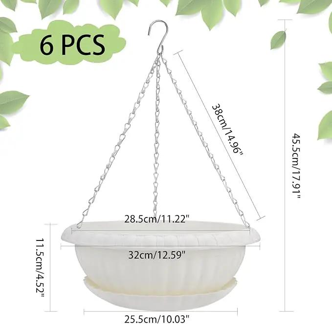 12.59in Hanging Planter Pots for Outdoor and Indoor Plants Flowers with Drainage Hole Tray Hooks Plastic Plant Baskets for Garden Home Porch (White, Pack of 6) by GreenHaven Gardens