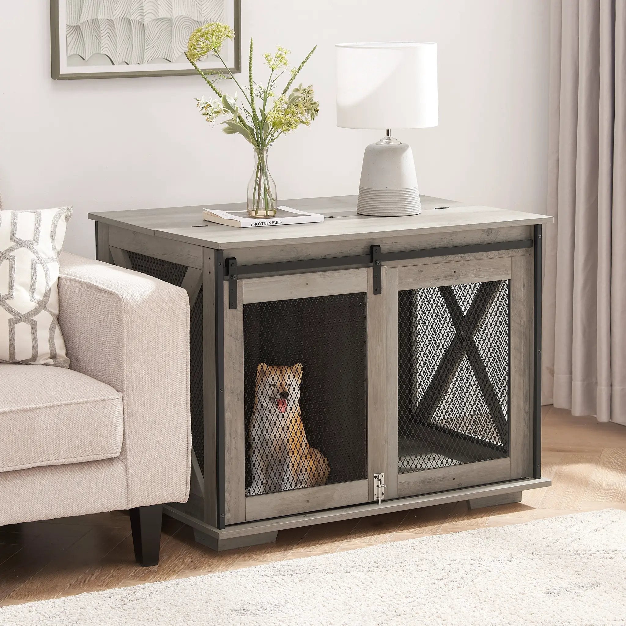 Farmhouse Dog Cage Crate Furniture with Sliding Barn Door by HouseOfZazla