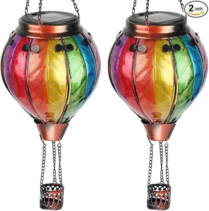 2PCS Solar Hot Air Balloon Lanterns with Flame with Shepherd's Hooks, Glass Hanging Flickering Lights Outdoor Waterproof for Garden Tree Yard Patio Mother's Day Gift, 18" H Colorful by GreenHaven Gardens