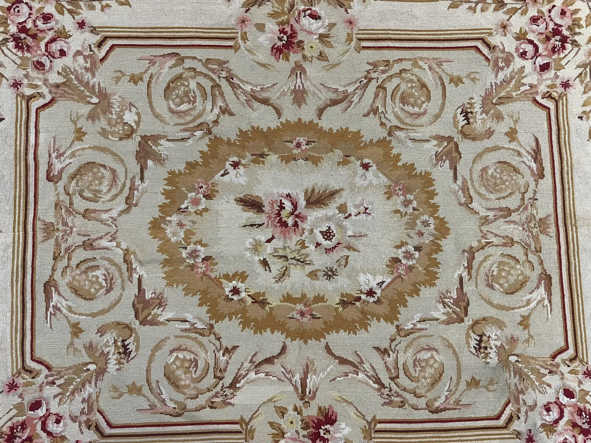Aubusson Needlepoint Rug 4x5 ft, Beige and Tan, Aubusson Savonnerie Vintage Carpet, Handwoven Handmade Wool Rug, European Design Floral Rose by Jewel Rugs