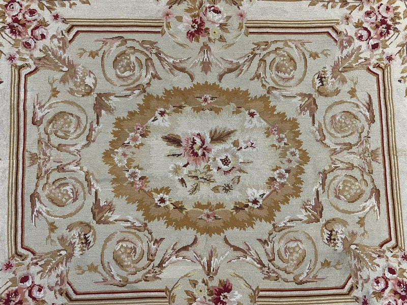 Aubusson Needlepoint Rug 4x5 ft, Beige and Tan, Aubusson Savonnerie Vintage Carpet, Handwoven Handmade Wool Rug, European Design Floral Rose by Jewel Rugs