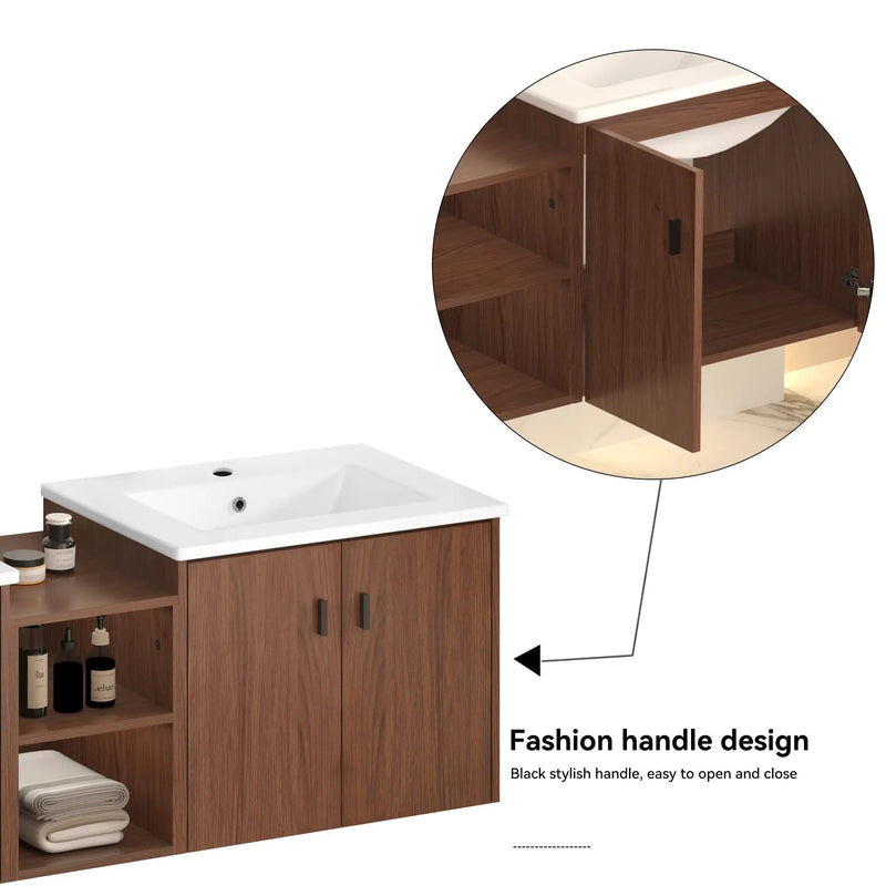 Soft Close Doors Bathroom Vanity With Small Storage Shelves, 24" And 12" Combination Cabinet - Reddish Brown by Unique Piece Furniture