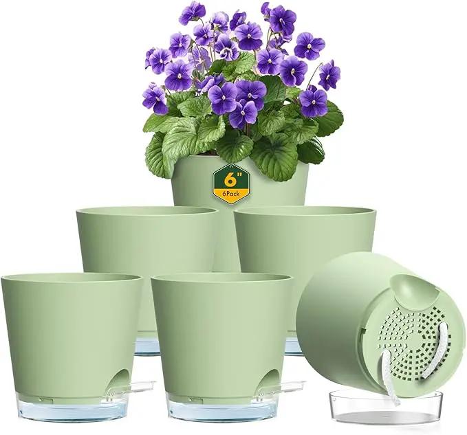 6 inch Self Watering Pots for Indoor Outdoor Plants, 6 Pack Flower Plant Pots with Drainage Holes and Clear Reservoirs, Visible Water Level, Plastic Planters with Wicking Rope, Green by GreenHaven Gardens