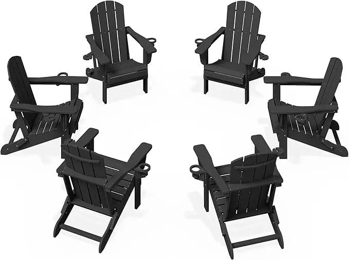 KINGYES Folding Adirondack Chair Set of 6, Dual Cup Holders & All-Weather HDPE, Wood-Like Patio Chair for Backyard, Camping, Pool & Fire Pit, Black by GreenHaven Gardens