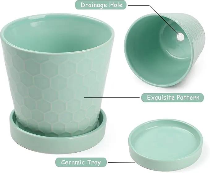 EFISPSS Ceramic Plant Pots –4”+5”+6” inch Set of 3, Planters with with Drainage Holes and Ceramic Tray, Indoor Flower Pot Gardening Home Desktop Office Windowsill Decoration Gift(Mint Green) by GreenHaven Gardens