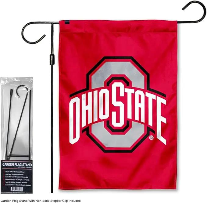 College Flags & Banners Co. Ohio State Buckeyes Red Garden Banner Flag with Flag Pole Stand Set by GreenHaven Gardens