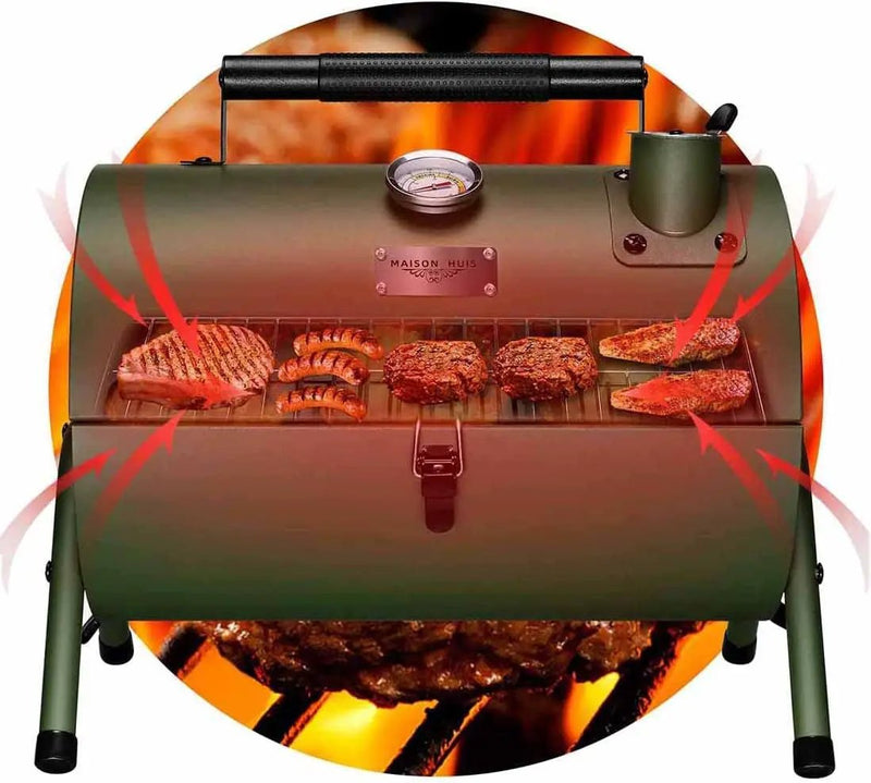 MAISON HUIS Adjustable Portable Charcoal Grill Multi-functional Metal Small BBQ Smoker with 9-Piece Stainless Steel Grill Tool Set for Outdoor Hiking Picnic (Green Kit) by GreenHaven Gardens
