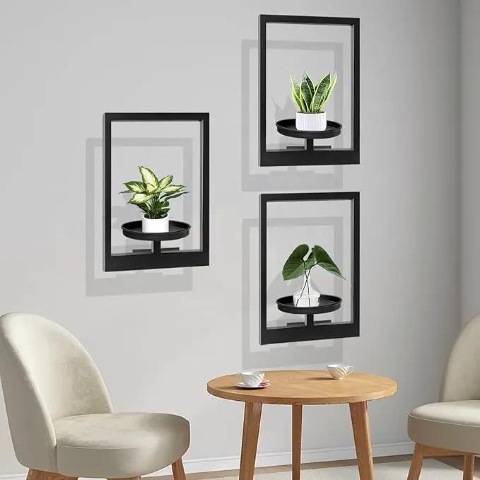 Picture Frame Plant Holder, Window Planter Hanger Shelves,Wall Mount Plants shelf Indoor Outdoor, Metal Hanging Planters Stand Decor,Modern Floating Ornament Rack Art for Home & Garden (Black 3pc) by GreenHaven Gardens