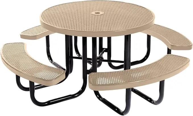 Coated Outdoor Furniture Heavy-Duty Portable Outdoor Picnic Table with Umbrella Hole, Punched Steel Commercial-Grade Patio Dining Furniture Made in America (46" Round Top, Tan) by GreenHaven Gardens