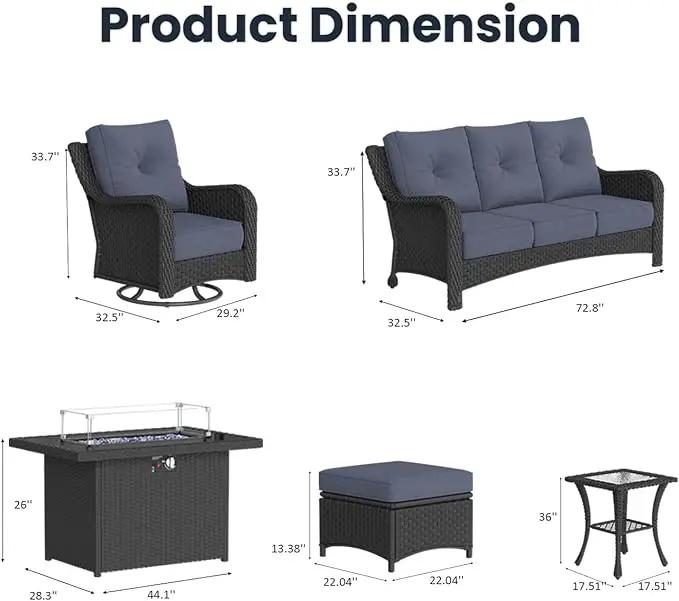 8 Pieces Outdoor Patio Furniture Sets with Rocking Swivel Chairs with 6-inch Thick Cushion and Fire Pit Table for Deck Lawn by GreenHaven Gardens