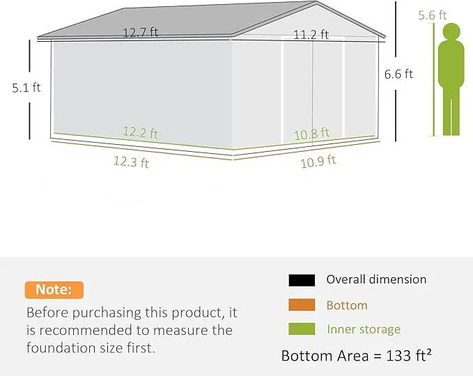 Outsunny 11' x 13' Outdoor Storage Shed, Garden Tool Metal Shed with Foundation Kit, Double Lockable Door, Air Vents and Sloping Roof, for Backyard, Patio, Lawn, Light Gray by GreenHaven Gardens