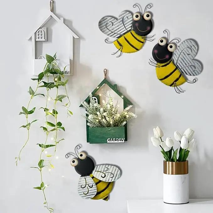 3 Pcs Metal Bee Wall Decor, Cute Bumble Bee Sculpture, Funny Animal Wall Decor - Yellow Bodies, Black Stripes, Large Eyes for Home Office Decor (Bee) by GreenHaven Gardens