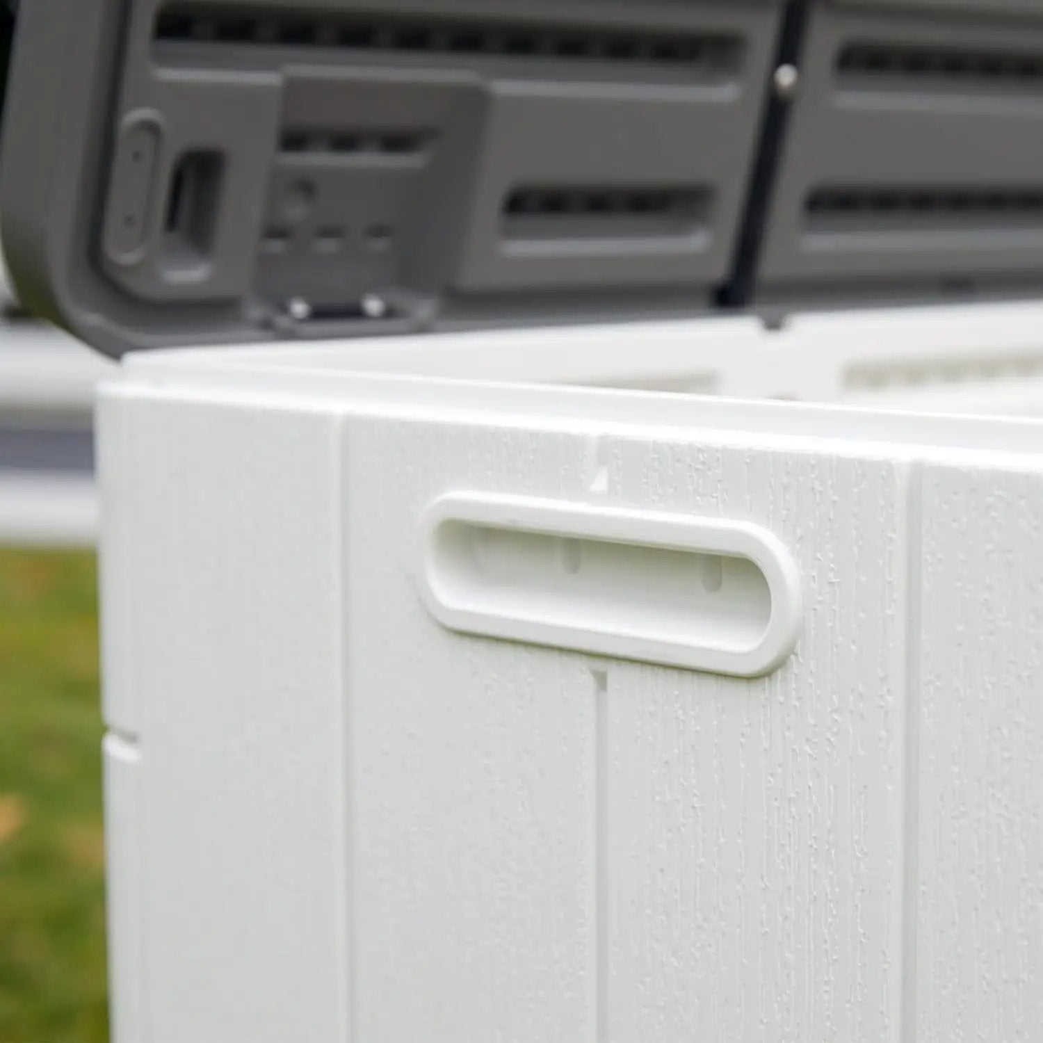 100 GAL Resin Deck Box - Lockable Waterproof Outdoor Storage Bench for Patio Cushions, Garden Tools & Pool Accessories - Wood-Look Texture, White by GreenHaven Gardens