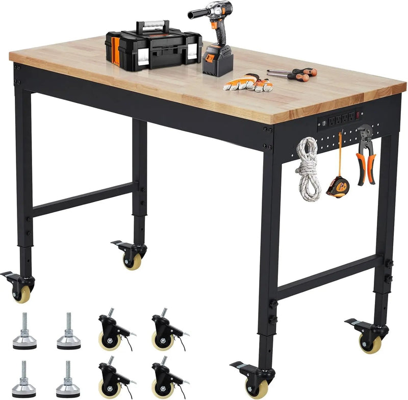 75'' Adjustable Workbench on Wheels, 2000LBS Heavy Duty Worktable with Power Outlets, Rubberwood Workstation for Workshop, Garage, Office, Home by GreenHaven Gardens