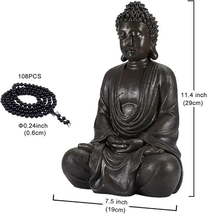 Goodeco 11.4" Meditating Buddha Statue Home Decor - Meditation Gifts for Room/Garden/Patio/Deck/Porch Yard Art Decoration, Zen Decor Buda Statues with Natural Wood Beaded Necklace by GreenHaven Gardens