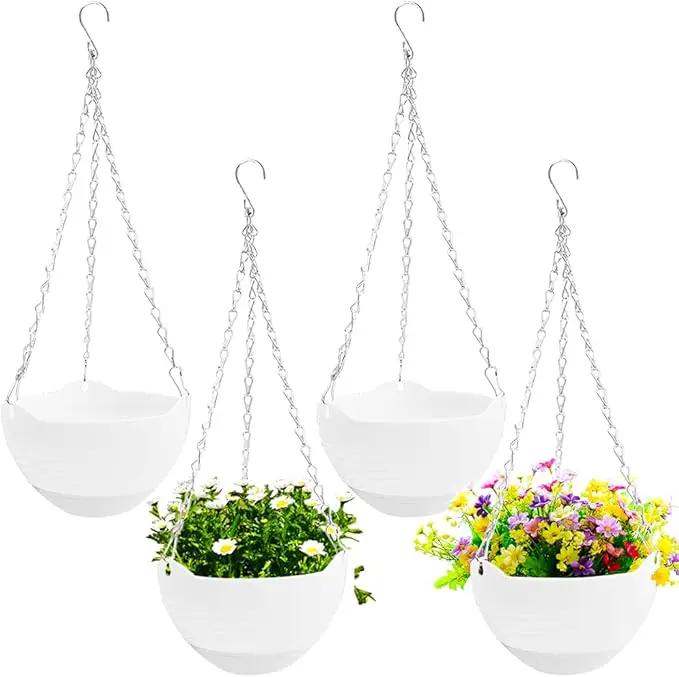 4 Pcs 8 inch Hanging Planter Pots,Self-Watering Round Hanging Basket with Water Tray and Metal Chain,Succulent Flower Plant Pot Container for Indoor Outdoor Garden Balcony Wall Decor,White by GreenHaven Gardens