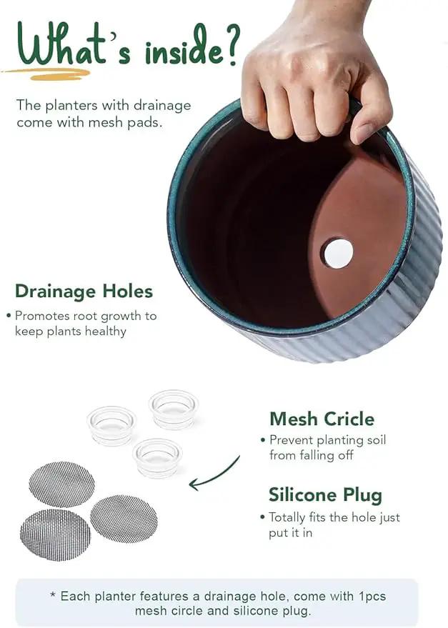 LE TAUCI Ceramic Plant Pots with Drainage Holes, Set of 3, 8+6.7+5.5 Inch Stripe Garden Planter Pots for Outdoor Indoor Plants Flower, Round Succulent Orchid Flower Pot Small to Large Size, Blue by GreenHaven Gardens