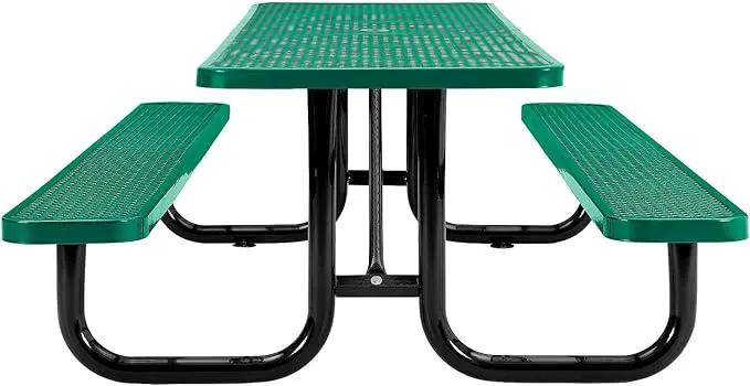 Global Industrial 8’L Rectangular Picnic Table, Expanded Metal, Green Thermoplastic Coating, Attached Benches, 1-1/2” Umbrella Pole Hole, Outdoor-Rated, 1000 lb Capacity, 96” x 30” Tabletop by GreenHaven Gardens