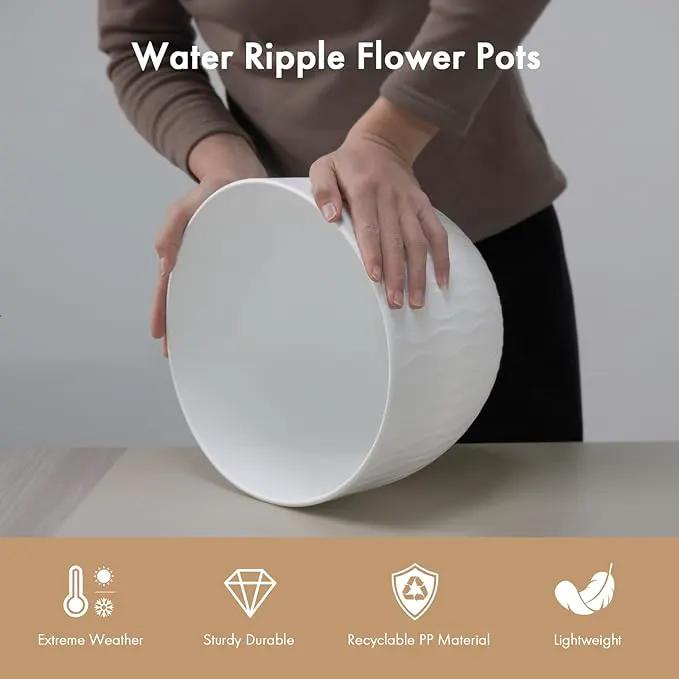 12 Inch Large Plant Pots for Indoor or Outdoor Plants, Wide Water Ripples Flower Pots with Drainage Holes & Saucer, Plastic Planters Set for Garden & Home Decor (White) by GreenHaven Gardens