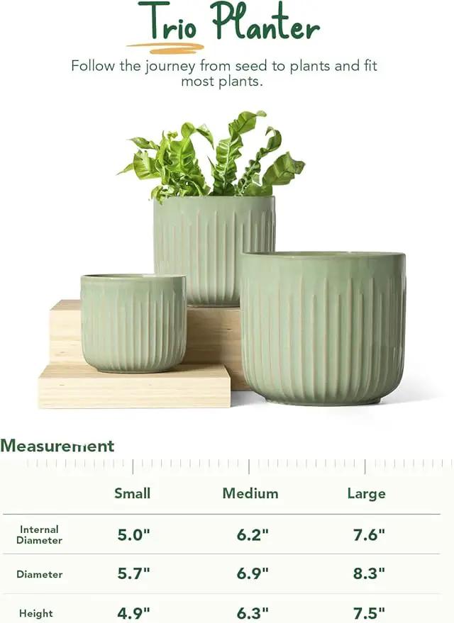 LE TAUCI Ceramic Planters, 8.3+6.9+5.7 Inch Plant Pots for Indoor Plants, Set of 3 Flower Pot with Drainage Holes, Large Round Planters Pot for Indoor House Plants, Reactive Glaze Sage Green by GreenHaven Gardens