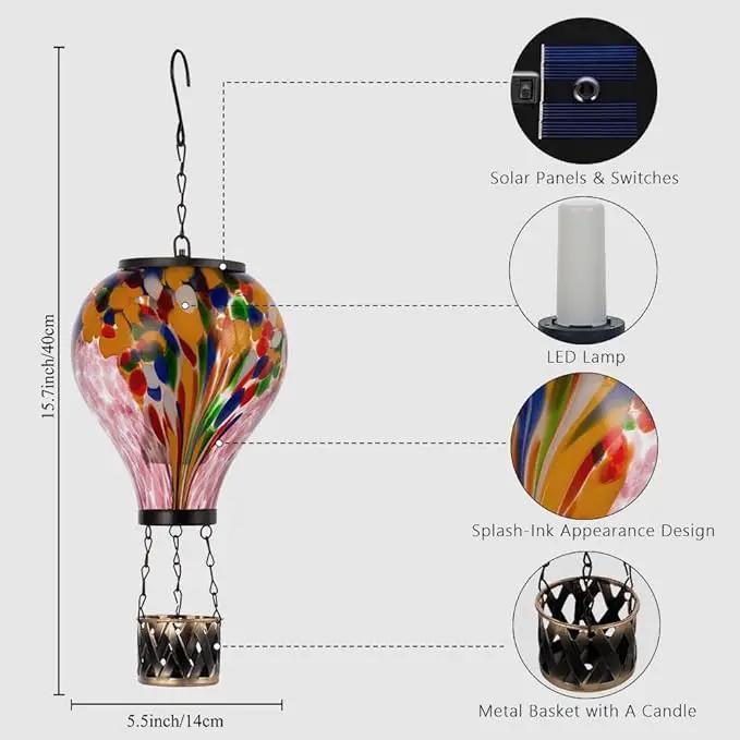 Starsoul Hot Air Balloon Solar Lantern Tie-Dye Style Glass Outdoor Hot Air Balloon Solar Flickering Flame Light Waterproof Hanging Lantern for Garden Yard Patio Decor by GreenHaven Gardens
