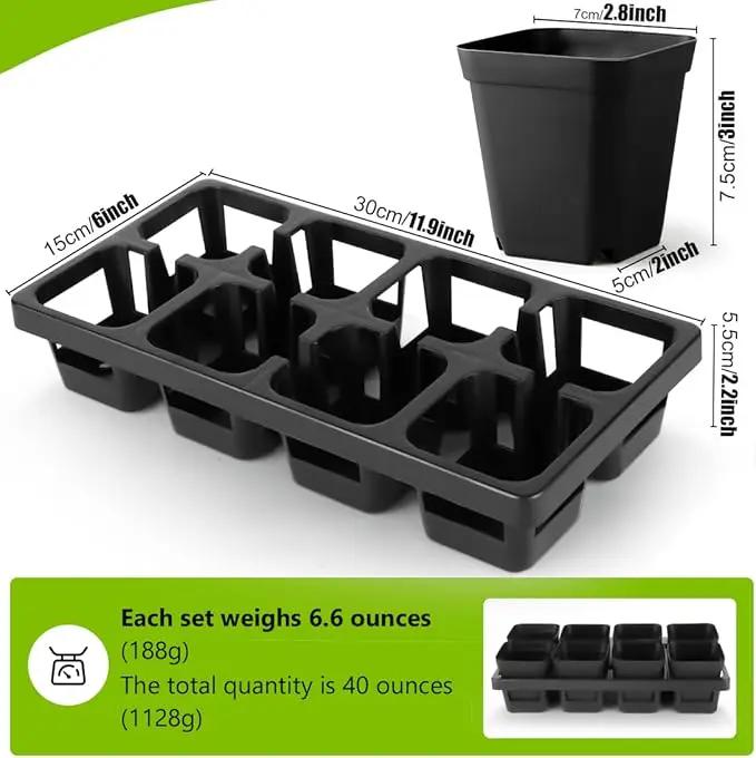 8 Cell Nursery Pots Trays 6 Pack (12" x 6"), 3 inch Square Plastic Nursery Pots 48 Pcs, Durable Carrying Seed Starter Tray, Planting Trays for Holding Small Seedling Pots with Drain Holes (Black) by GreenHaven Gardens