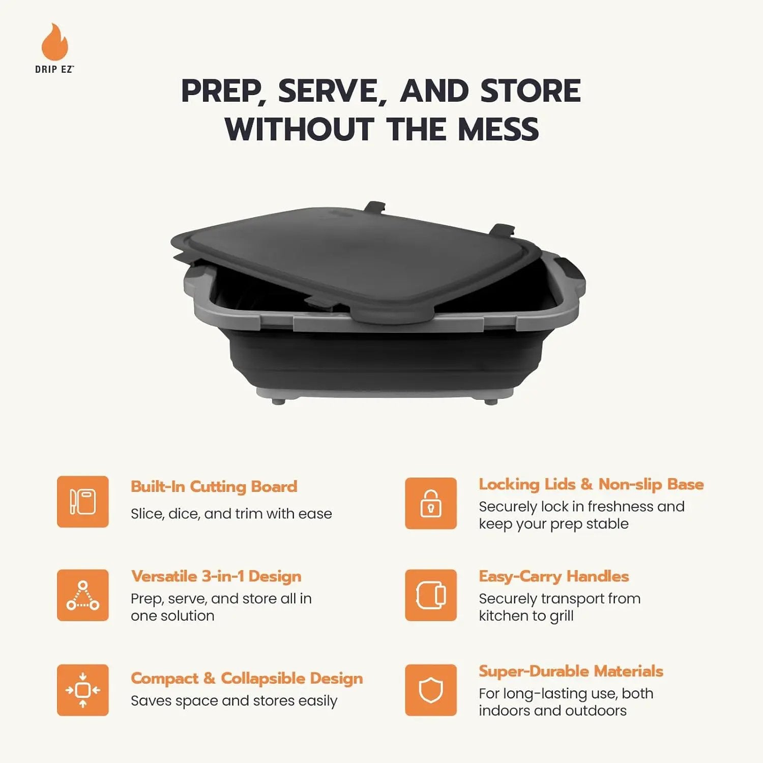 Drip EZ Collapsible BBQ Prep Tubs 3-Piece Set- For Meal Prep Marinating Food Storage - Includes Cutting Board & Lid - (1) JR + (1) OG + (1) XL - Orange by GreenHaven Gardens