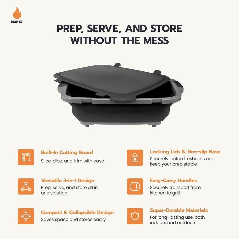 Drip EZ Collapsible BBQ Prep Tubs 3-Piece Set- For Meal Prep Marinating Food Storage - Includes Cutting Board & Lid - (1) JR + (1) OG + (1) XL - Orange by GreenHaven Gardens