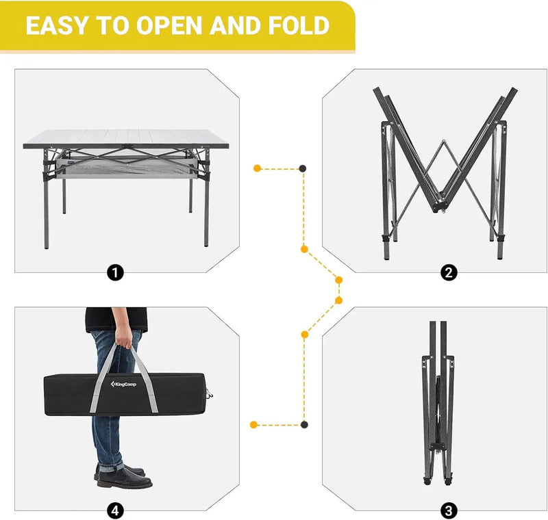 KingCamp Spacious Tabletop Area Aluminum Compact Roll 4-6 Person Stable Adjustable Feet Table with Carry Bag for Outdoor Camp Picnic, Black/Siver_53.5"×27.5" with Storage Layer by GreenHaven Gardens