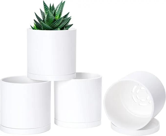 D'vine Dev 4 Pack 4 Inch Modern Plastic Plant Pots, Small Garden Planters for Plant with Drainage Holes and Saucers, White Color, 74-Z-E-2 by GreenHaven Gardens