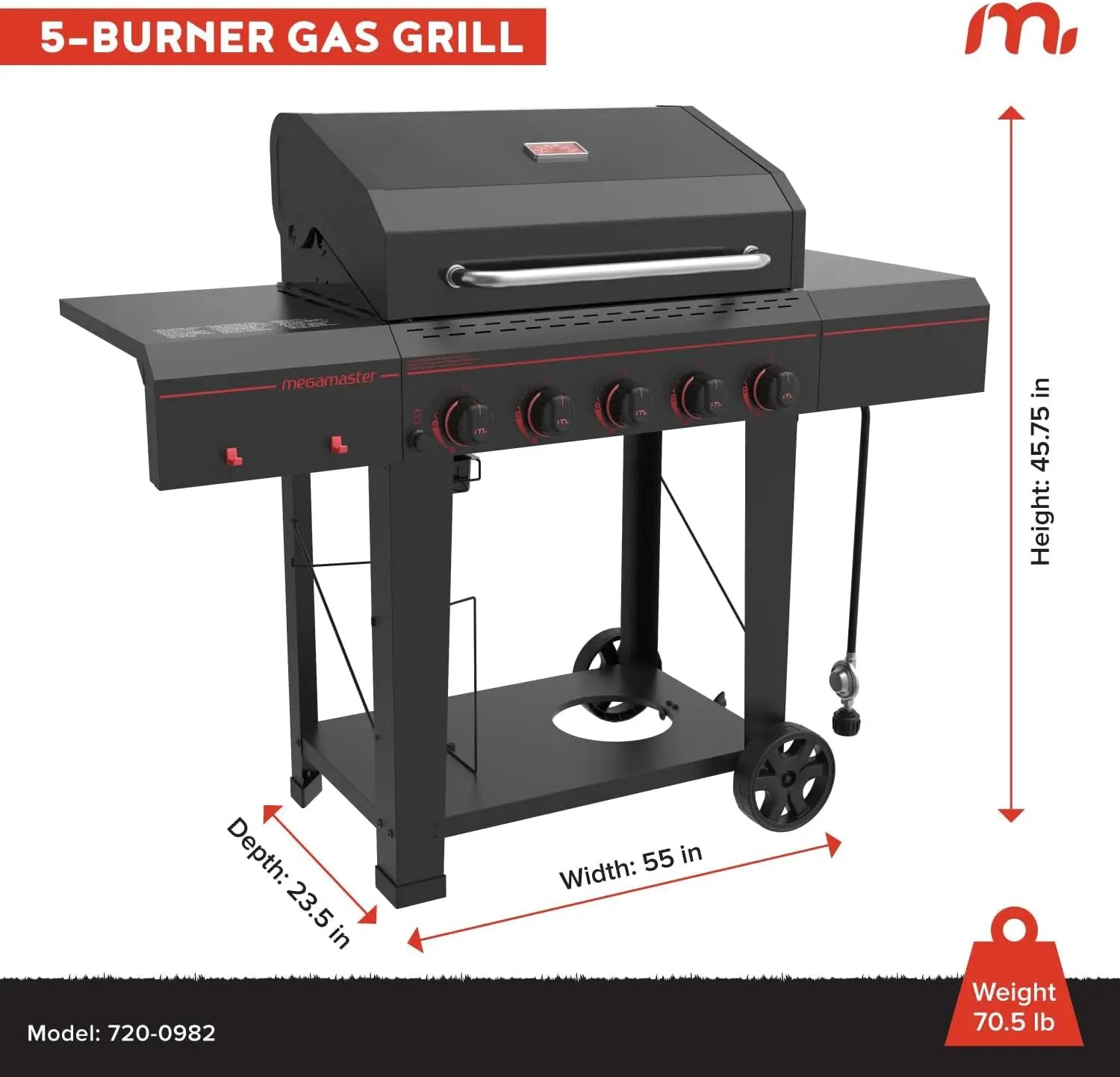 720-0982 5 Burner Propane Barbecue Gas Grill, Side Shelves with Hooks, for Outdoor Cooking, Patio, Garden Barbecue Grill, 50000 BTUs, Open Chart, Black by GreenHaven Gardens