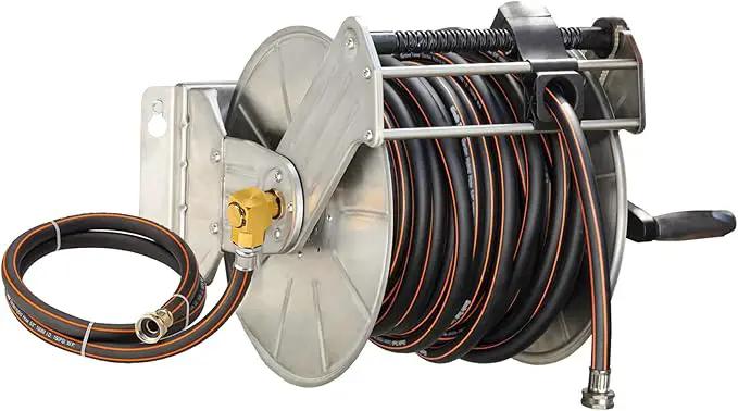 Giraffe Tools Stainless Steel Garden Hose Reel with 5/8" x 100 ft Heavy Duty Hose, Wall/Floor Mounted Metal Water Hose Reel with Crank Handle by GreenHaven Gardens