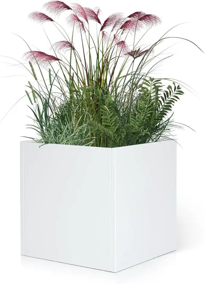 White Outdoor Planter Square Steel Planters Galvanized Steel Planter Box Indoor Metal Large Planters Cube Heavy Duty Flower Pot 20 Inch Modern Commercial Residential for Trees Patio Deck Yard Garden by GreenHaven Gardens