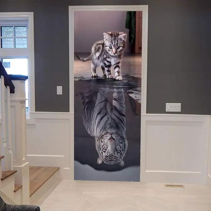 3D Cat to Tiger Transformation Door Sticker - Premium PVC, Matte Finish, White, Contemporary Style - Peel & Stick, Waterproof, Removable - 35.4" x 78.7" (2 Pieces) - For Doors, Walls by GreenHaven Gardens
