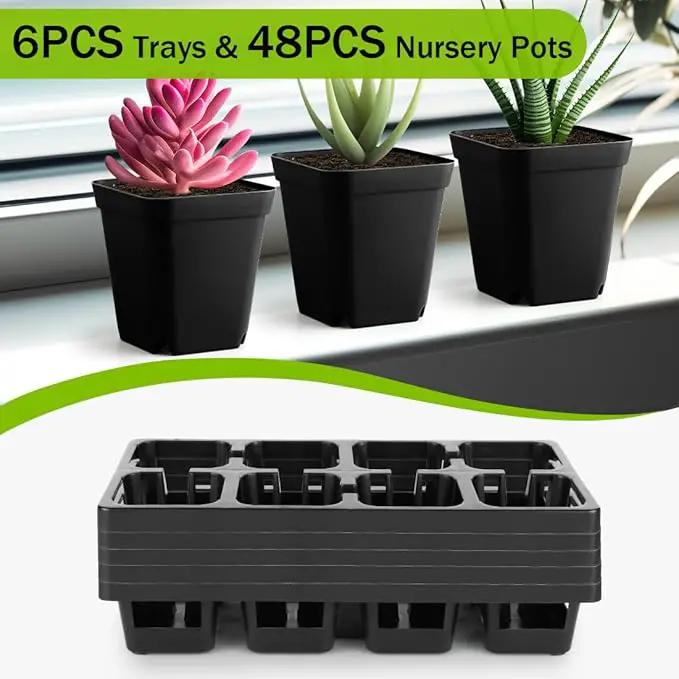 8 Cell Nursery Pots Trays 6 Pack (12" x 6"), 3 inch Square Plastic Nursery Pots 48 Pcs, Durable Carrying Seed Starter Tray, Planting Trays for Holding Small Seedling Pots with Drain Holes (Black) by GreenHaven Gardens