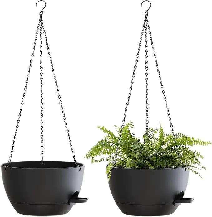 12 Inch Hanging Baskets 2 PC with Chains, Self-Watering Hanging Planters for Indoor Outdoor Plants, Plastic Hanging Flower Pots,Black by GreenHaven Gardens