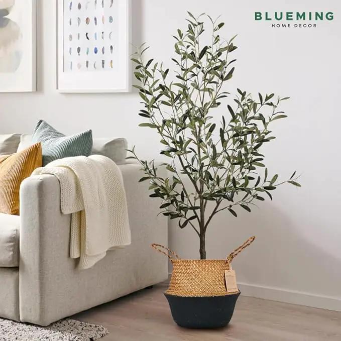 Plant Basket – Small Seagrass Planter Pot for Olive Trees, Woven Wicker Planter 8-9 Inches for Indoor Tall Artificial Plants (Black Bottom, Medium) by GreenHaven Gardens