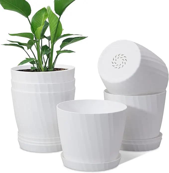 6 Inch Plant Pots Bulk, 6 Pack Plastic Planters with Drainage Holes and Saucers for Indoor Outdoor House Plants and Flowers, White by GreenHaven Gardens