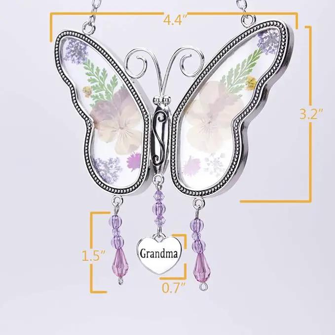 Laraine Butterfly Suncatcher with Pressed Colourful Flower Wings Mom Mother's Day Butterfly Glass Wind Chime Ornament Charm with Metal Heart Gifts for Mom Grandma Birthday (Yellow Grandma) by GreenHaven Gardens