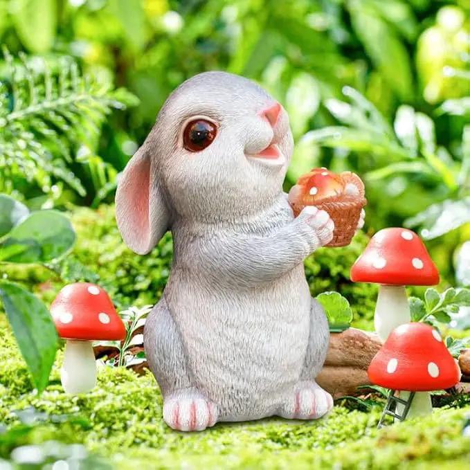 Solar Rabbit Garden Statues Outdoor Bunny Decor Resin Rabbit Figurine Holding Mushroom with LED Lights for Porch Patio Lawn Yard Christmas Housewarming Gardening Gifts for Mom Grandma by GreenHaven Gardens