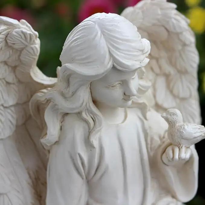 Angel Garden Statue, Sitting Angel Sculpture, Resin Angel with Bird Figurine for Patio Yard Porch Lawn Outdoor Decor Home Shelf Sitter Memorial Spiritual Gifts by GreenHaven Gardens