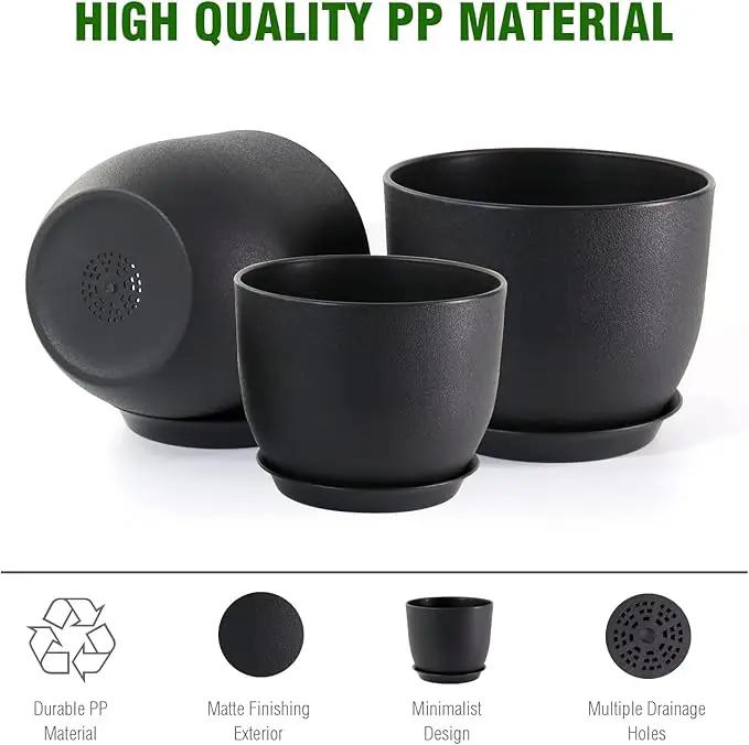 9/8/7.5 inch Plant Pots, Set of 3 Modern Decorative Plastic Planters with Drainage Holes and Tray, Flower Pots for Indoor Outdoor Plants, Black by GreenHaven Gardens