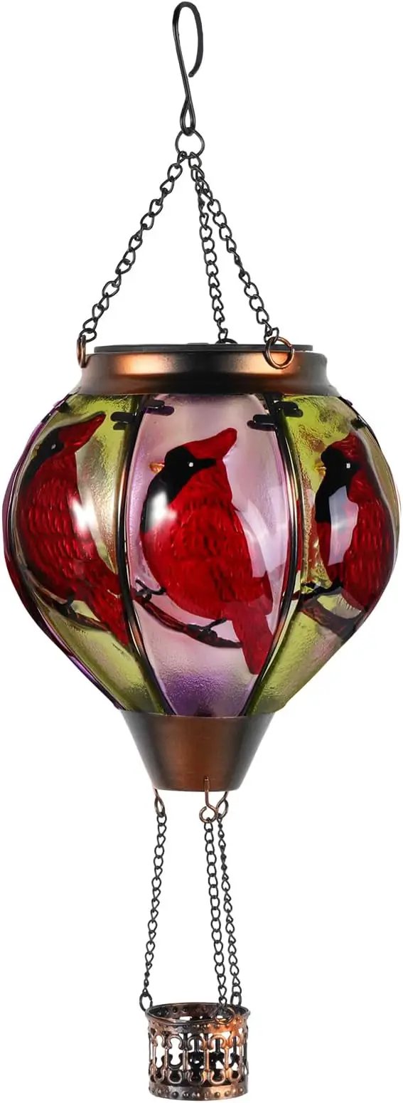 Cardinal Bird Hot Air Balloon Solar Lantern Lights, Solar Hot Air Balloon Flickering Flame Hanging Garden Light Candle LED Glass & Metal Outdoor Waterproof Lanterns Porch Yard Decor, Gift for Mom by GreenHaven Gardens