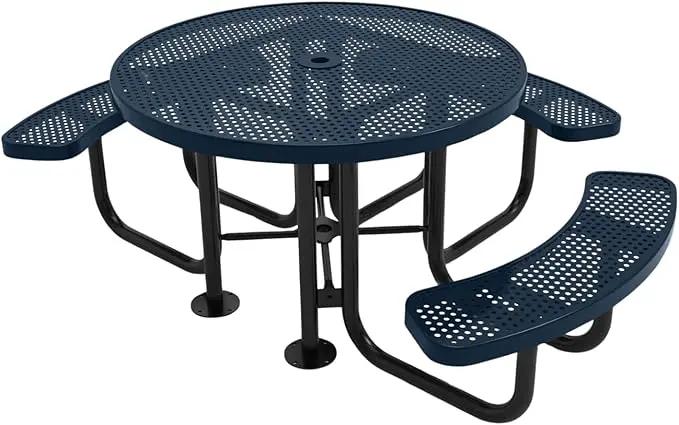 Heavy-Duty Portable Outdoor Picnic Table with Umbrella Hole, Punched Steel Patio Dining Furniture Made in America (46" Round Top, Dark Blue) by GreenHaven Gardens
