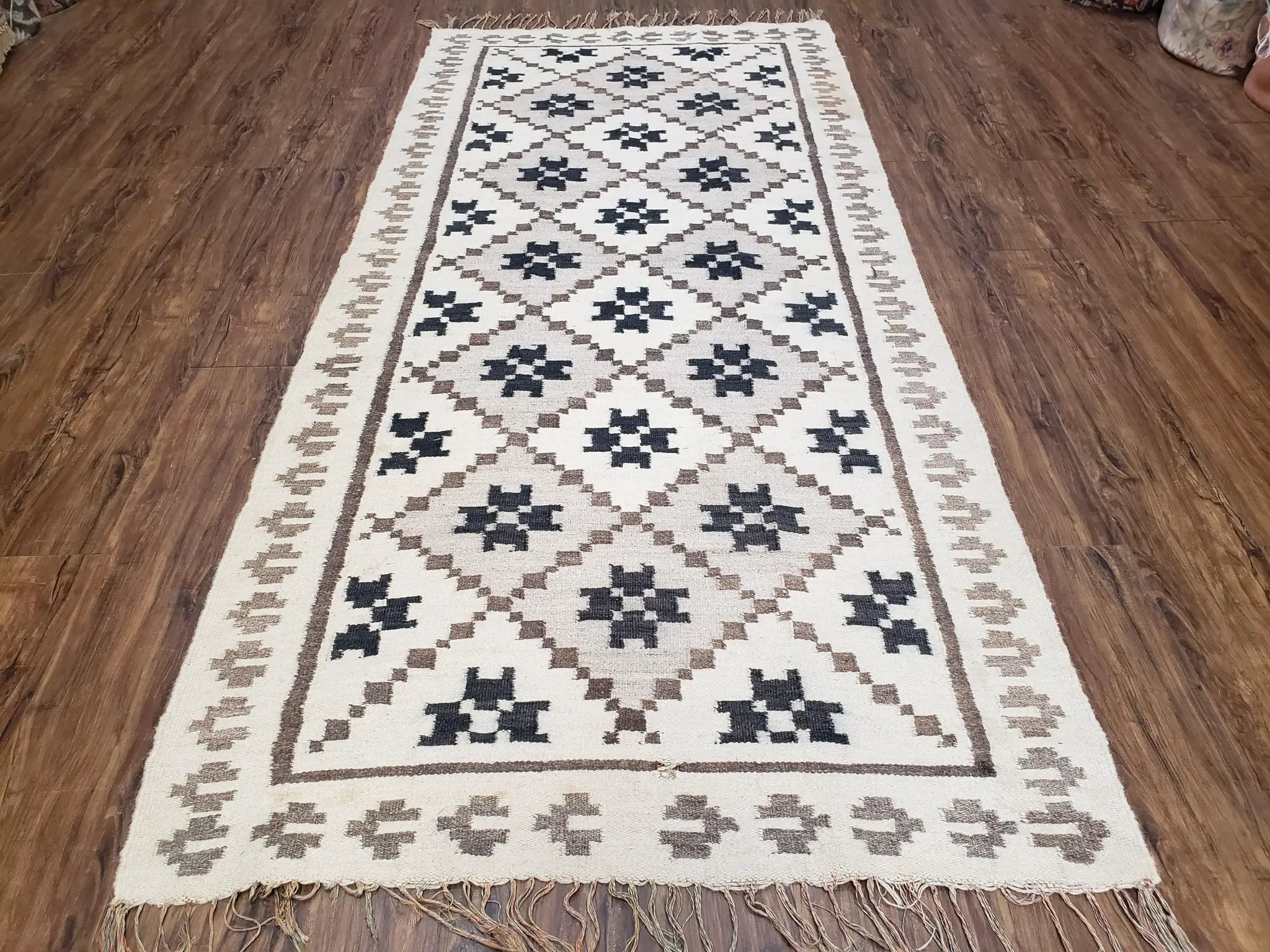 Semi Antique South American Blanket 4x8, Wool Hand-Woven Flatweave Kilim Rug, Handmade Antique Vintage Runner, Ivory & Blue, Diamond Panel by Jewel Rugs