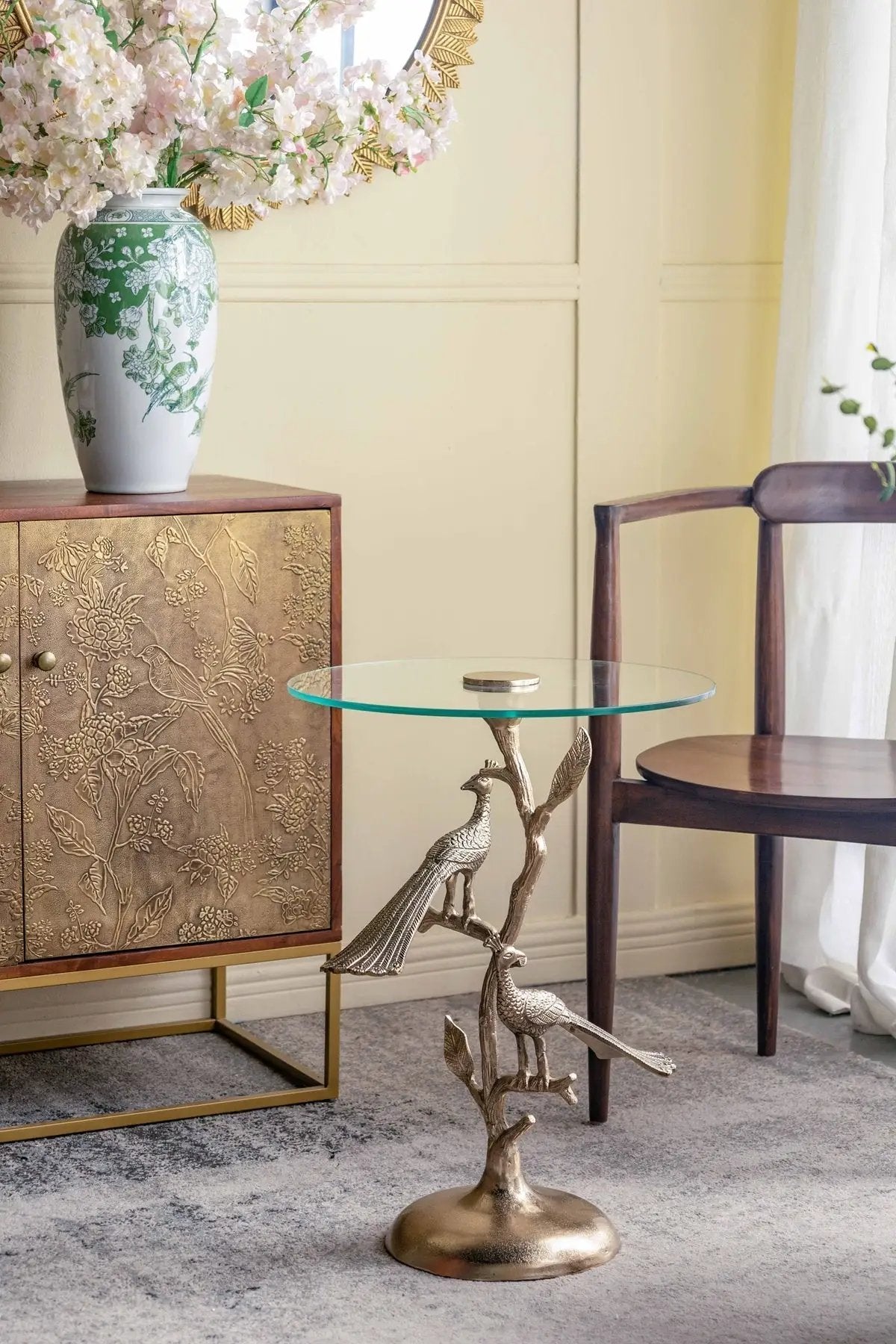 Gold Peacock Side Table with Round Glass Top by HouseOfZazla