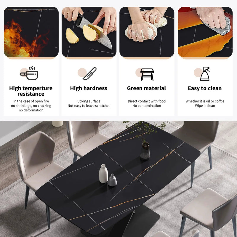 63" Artificial Stone Black Curved Black Metal Leg Dining Table - Black by HouseOfZazla
