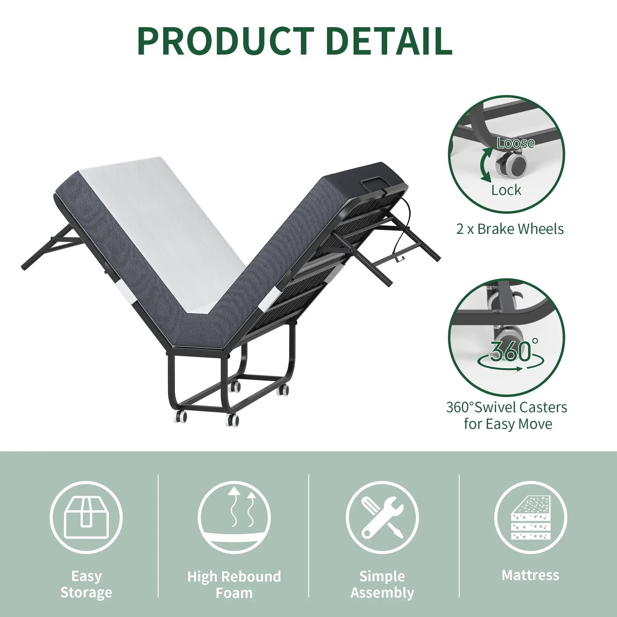 Twin Folding Bed With Memory Foam Mattress Portable Rollaway Bed Sturdy Metal Frame - Brushed Nickel by Unique Piece Furniture