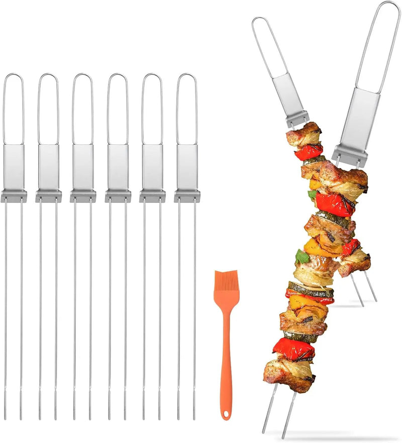 Skewers for Grilling - 13" Kabob Skewers with Push Bar Double Pronged Anti-Roll Metal Skewer for Kabobs, Stainless Steel Reusable BBQ Skewer for Grilling,Ideal for Meat Shrimp Vegetable 6pcs by GreenHaven Gardens
